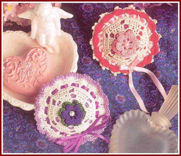Pretty rose sachets to crochet using size 10 crochet cotton